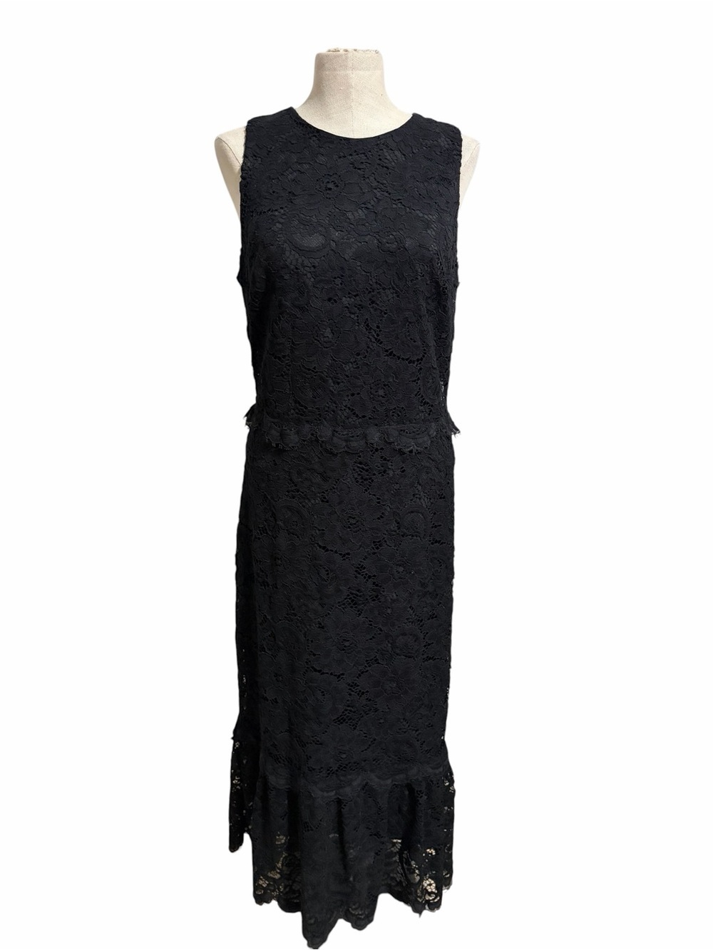 Banana Republic Black Sleeveless Lace Maxi Dress Ruffle Hem 10 Tall Minimalist